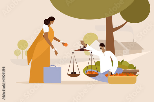 Illustration of a rural Indian market where a woman buys vegetables from a seller