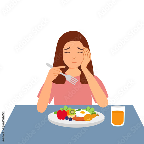 Woman feel not hungry concept vector illustration on white background. Female unable to eat.