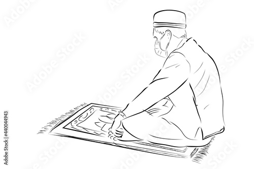 Simple Vector Hand Draw Sketch, Muslim or islam man, using Mask, sit at prayer mat