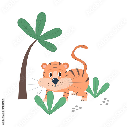 Cute tiger is hiding in the bushes in the jungle. Nursery vector concept illustration.