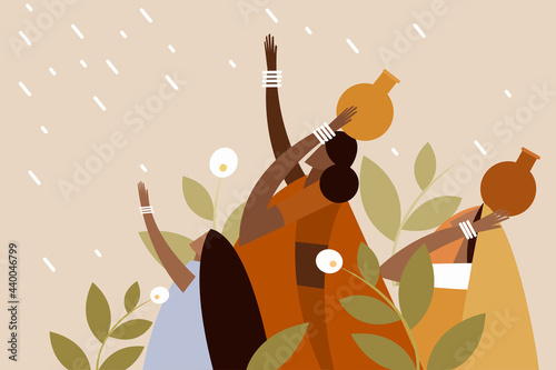Illustration of Indian rural women receiving the rain in the outdoor