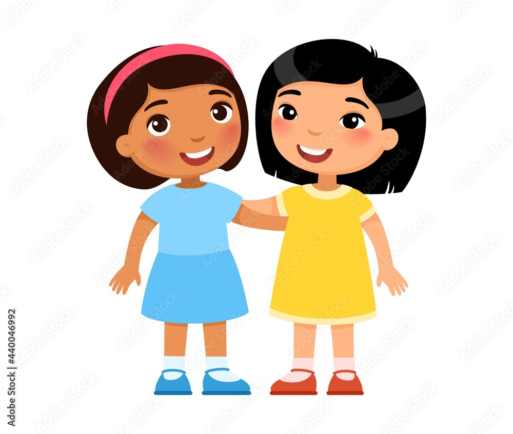 Two multiracial little girls hugging, cartoon characters. Smiling kids,  Friendship concept. Vector illustration.