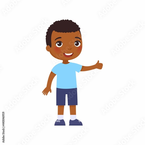 Cute African boy showing thumbs up gesture. Happy little kid, Smiling dark skin toddler, preteen child cartoon character