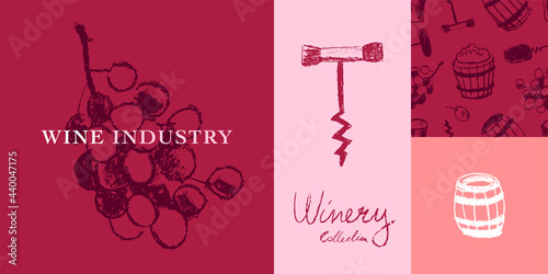 Vector brand identity collection for winery, wine shop logo, viticulture poster design, trendy label biodynamic and organic wines. Winemaking hand-drawn illustrations. Template wine tasting banner.