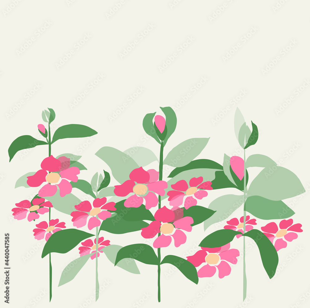 Vector illustration of Japanese quince twigs with pink flowers on a beige background with a copy of the space. Close-up