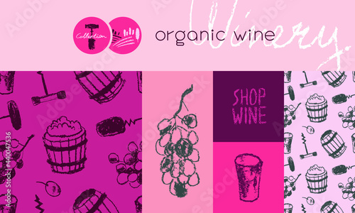 Winemaking hand-drawn illustrations. Vector brand identity collection for winery, wine shop logo, viticulture poster design, trendy label biodynamic, and organic wines. Template wine tasting banner.