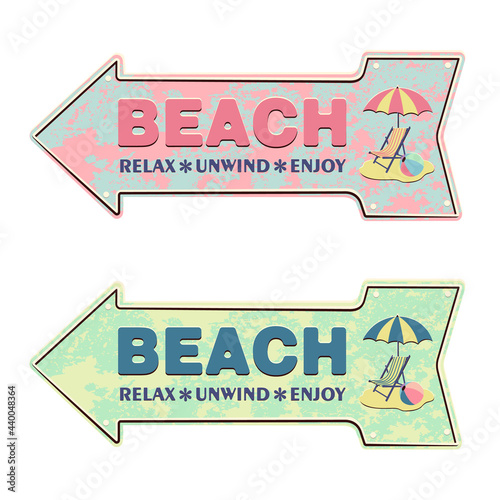 Colorful vector vintage beach arrow with aged metal texture