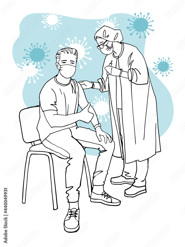 The man is pleased that he was vaccinated against covid. A doctor giving a shot of a vaccine. Hand drawn sketch. Isolated on white background.