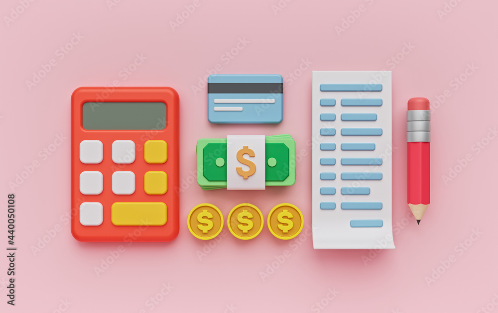 budget calculation, Bill paying concept. calculator, credit card, money, bill, pencil. 3d rendering budget calculation, Bill paying concept. calculator, credit card, money, bill, pencil. 3d rendering