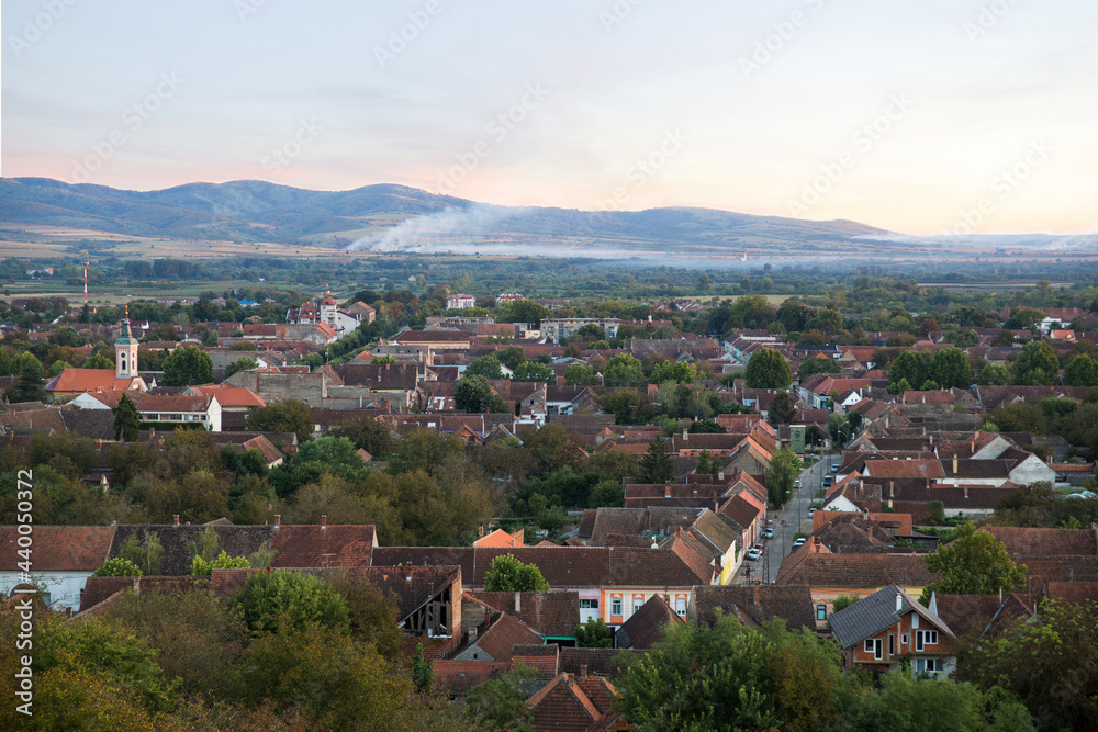 Panorama of the small town of Bela crkva, Serbia with the Romanian mountains in the background.Background, landscape, wallpaper, postcard.