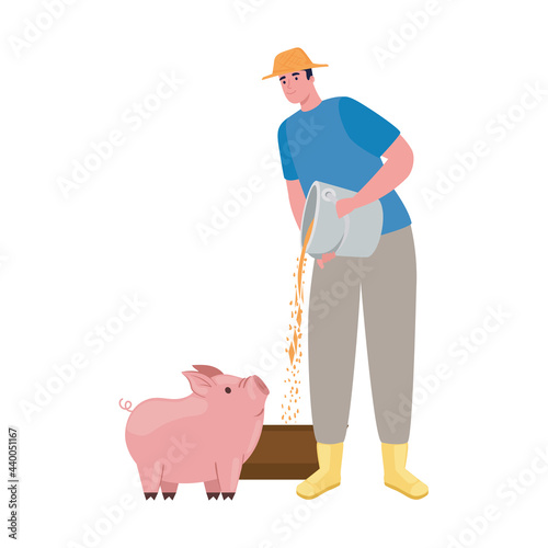 Farmer feeding pig