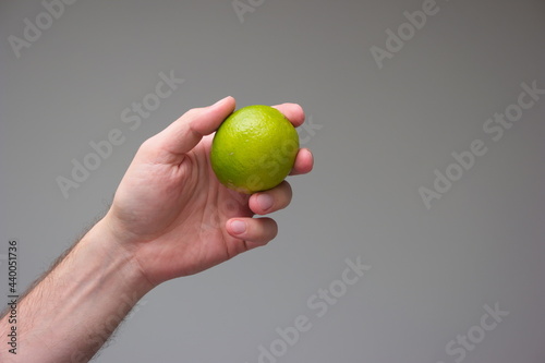 Fresh green lime held in hand by Caucasian male close up studio shot isolated on gray background