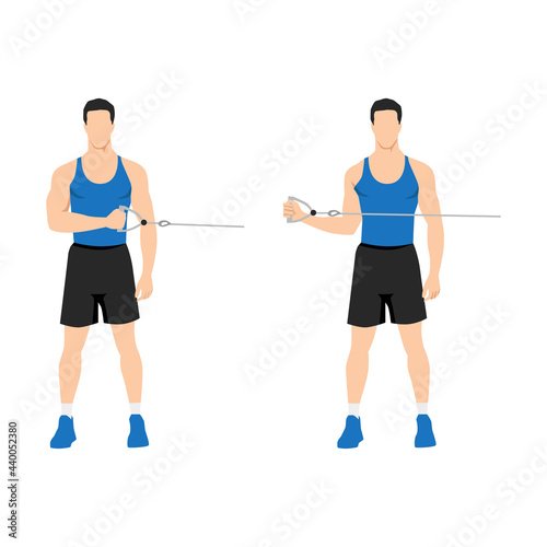 Man doing External cable shoulder rotation exercise. Flat vector illustration isolated on white background