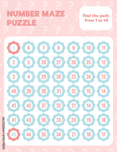 Math number maze puzzle. Prinatble math worksheet page. Easy colorful math worksheet practice for kids in preschool, elementary and middle school.