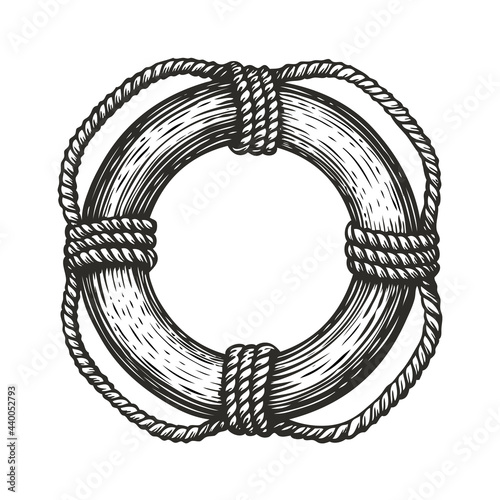 Lifebuoy with ropes in style of engraving. Travel by sea concept. Vintage sketch vector illustration