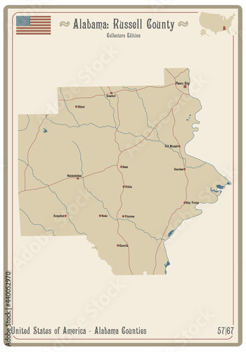 Map on an old playing card of Russell county in Alabama, USA.