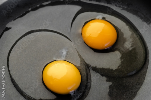 Two raw eggs in a black frying pan, transparent whites and bright yellow yolks. The concept of the process of cookinga simple dish for breakfast. Close-up. Top view