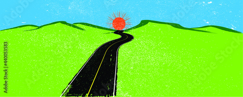 Vector off highland road . Textured  peaks silhouette . Grunge texture. 