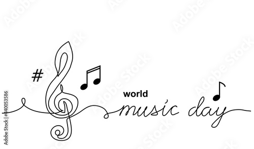 World Music Day simple vector banner, poster, background with treble clef sign and musical notes . One continuous line drawing with text Music Day