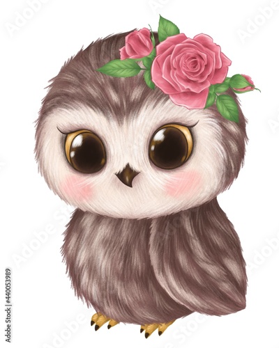 Cute owl isolated on white. Baby owl with flower 