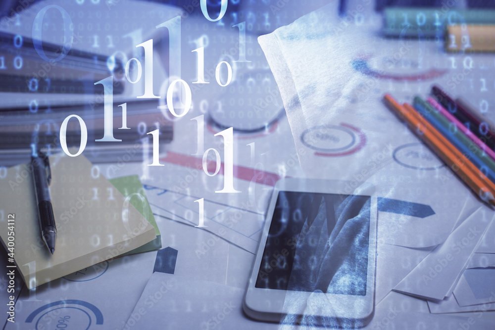 Fototapeta premium Double exposure of data theme drawing and mobile phone background. Concept of innovation