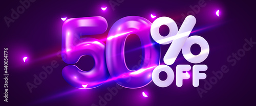 50 percent Off. Discount creative composition. 3d mega sale symbol with decorative objects. Sale banner and poster.