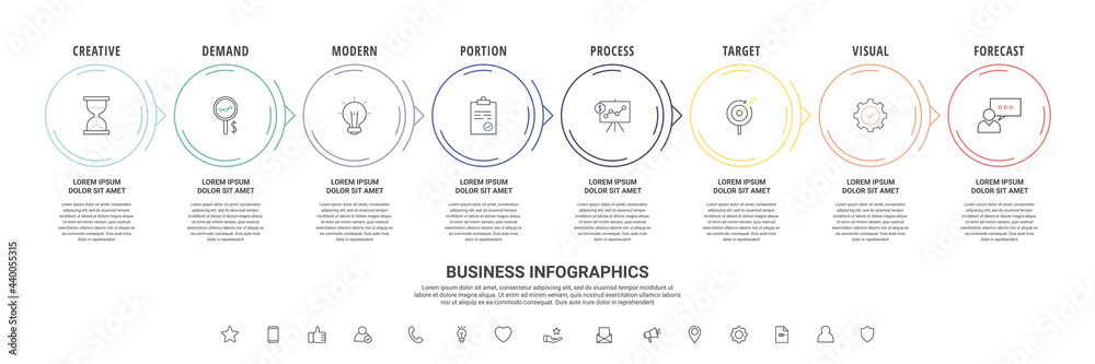 Thin line vector infographics with eight and arrows. Timeline template with 8 steps for the app, business, website, interface, chart, levels, web, diagram, banner, presentations Thin line vector infographics with eight and arrows. Timeline template with 8 steps for the app, business, website, interface, chart, levels, web, diagram, banner, presentations