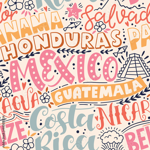 Around the World. CENTRAL AMERICA vector lettering seamless pattern. Country and major cities. Vector illustration