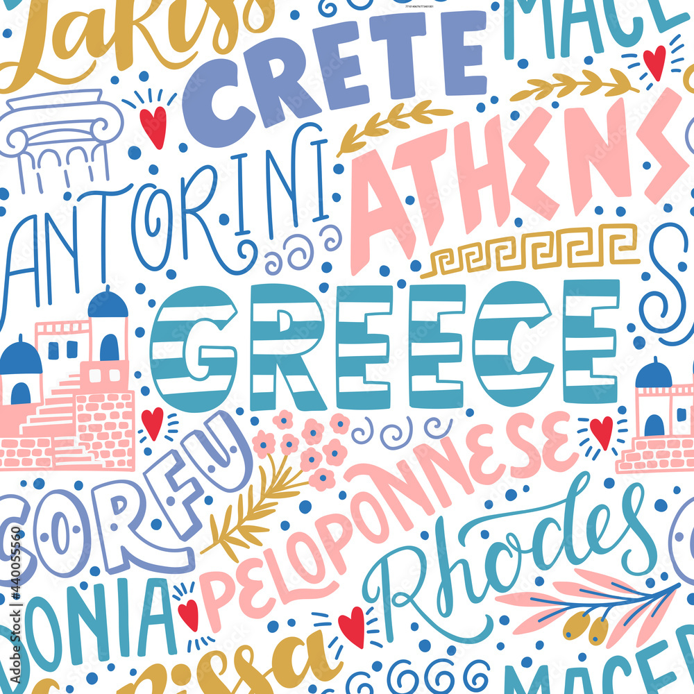 Around the World. GREECE vector lettering seamless pattern. Country and major cities. Vector illustration