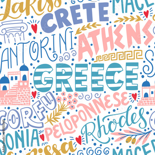 Around the World. GREECE vector lettering seamless pattern. Country and major cities. Vector illustration (ID: 440055560)