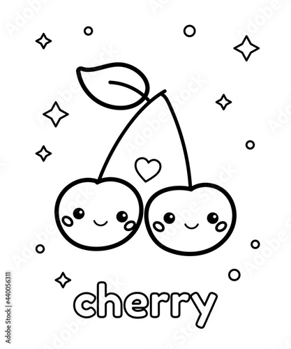 Coloring page for preschool children. Cute cartoon kawaii cherry with faces. Outline berry. Vector illustration.
