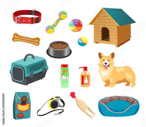 Dog with its food, toys, brush, bowls vector illustration set. Cartoon animals collar, kennel, balls, shampoo, crate and dog-lead. Pet shop, domestic animals concept