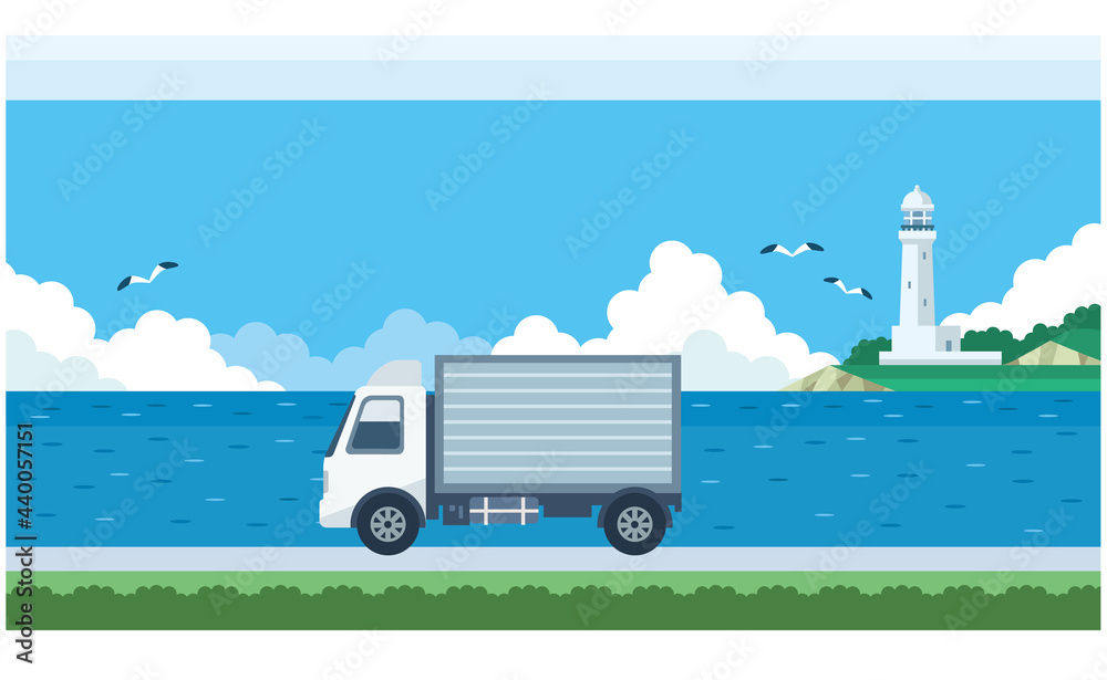 トラックと海と灯台のイラスト素材 Stock ベクター Adobe Stock