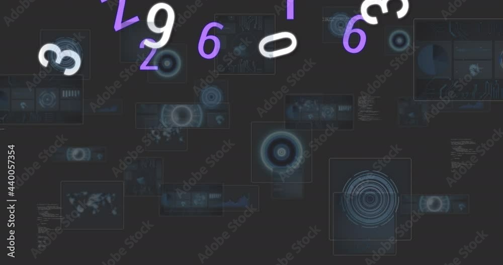 Animation of numbers changing and data processing over screens on grey background Animation of numbers changing and data processing over screens on grey background