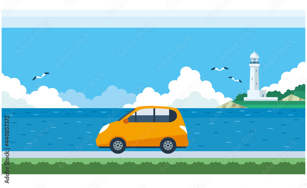 軽自動車と海と灯台のイラスト素材
