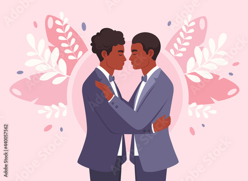 Black gay couple. LGBT wedding, pride concept. Vector illustration