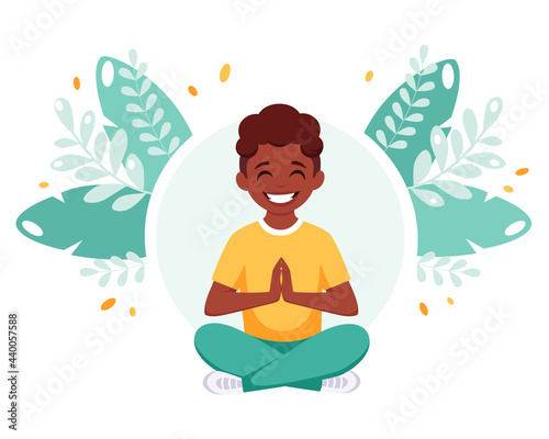 Black boy meditating in lotus pose. Gymnastic  yoga and meditation for children. Vector illustration