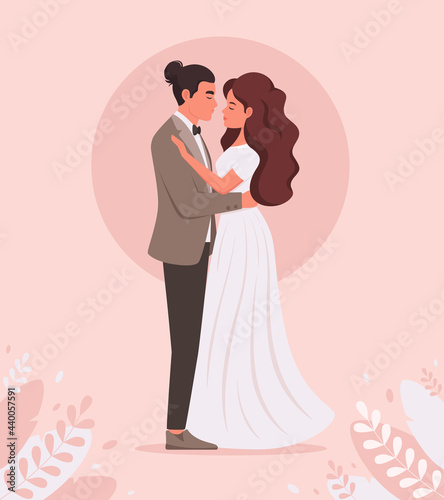 Wedding couple. Man and woman getting married  newlyweds. Wedding portrait. Vector illustration