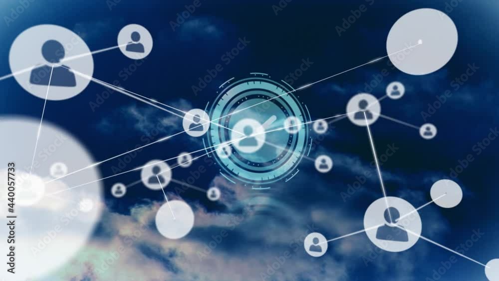 Animation of network of connections with people icons over clock Animation of network of connections with people icons over clock