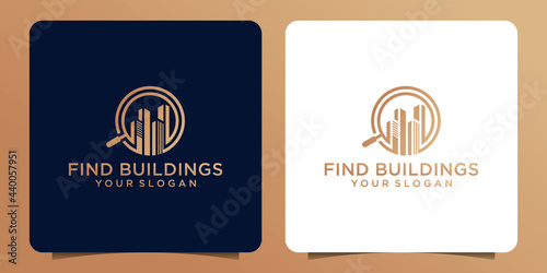 magnifying glass logo design combined with building