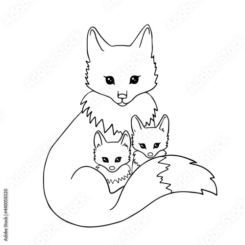 Cute fox with two cubs for coloring page or book. Cartoon wild animal family. Black and white vector 10 EPS illustration.
