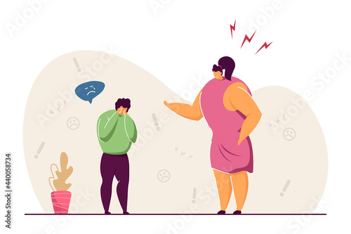 Angry mother reproaching naughty son. Flat vector illustration. Strict woman punishing, rebuking upset, crying child. Parenthood, family, quarrel, argument, education, conflict concept for design