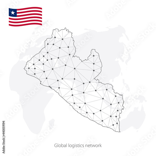 Global logistics network concept. Communications network map Republic of Liberia on the world background. Map Liberia with nodes in polygonal style and flag.  EPS10. 