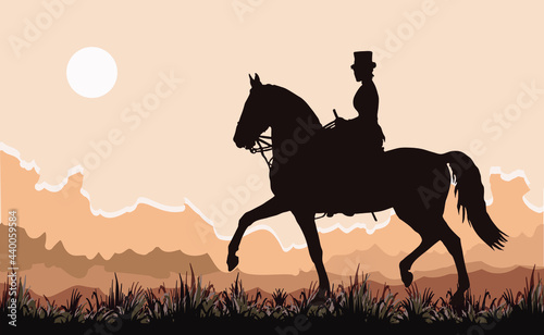 young woman in a woman s saddle riding a black horse