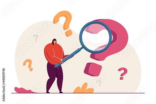 Cartoon woman searching for answers to questions. Flat vector illustration. Female person or analyst surrounded by huge question marks holding giant magnifying glass. Analyzing, information concept