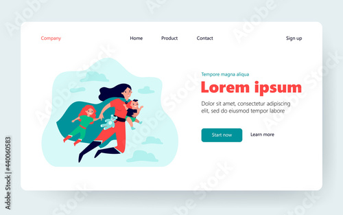 Happy superhero mother flying and carrying children flat vector illustration. Cartoon busy super mom shopping or having fun with baby and elder girl. Family and motherhood concept