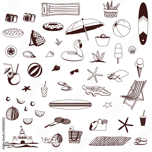 Vector line graphics. Summer beach elements set.
