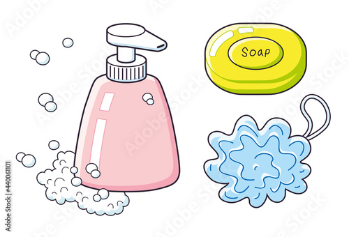 Shampoo or liquid soap bottle with foam, soap bar and soft bath puff isolated.