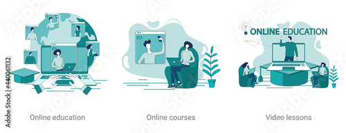Online education,online courses, video lessons.A set of vector illustrations on a business theme.Abstract isometric illustrations in green.