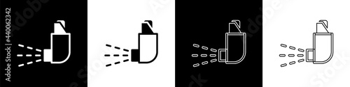 Set Inhaler icon isolated on black and white background. Breather for cough relief, inhalation, allergic patient. Medical allergy asthma inhaler spray. Vector